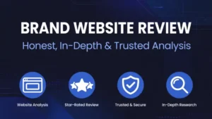 brand website review category banner showing honest in-depth and trusted analysis with icons for website analysis star rated review trusted and secure and in-depth research