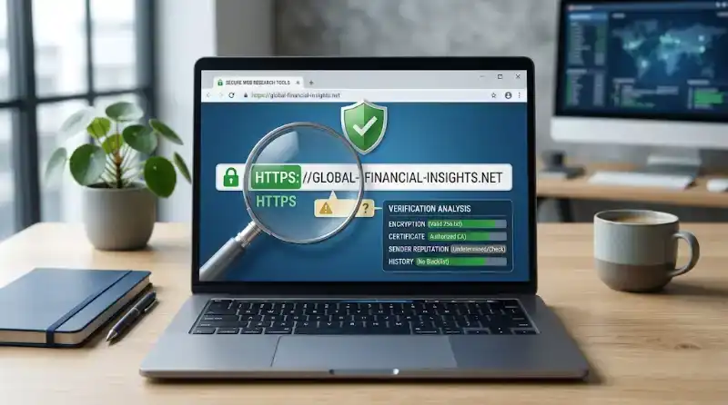 Laptop showing a website legitimacy and security check for PlusStories.com