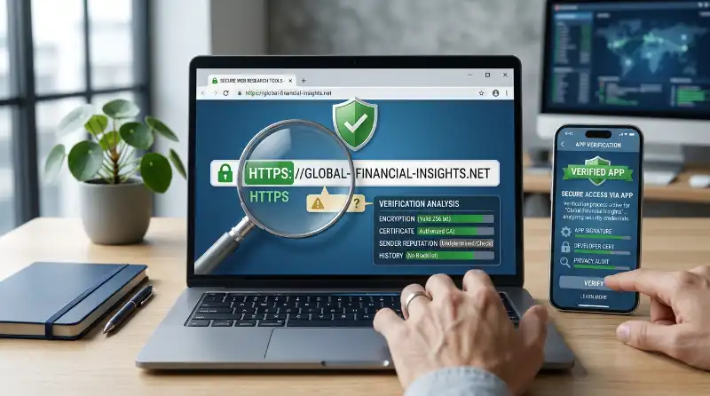Laptop and smartphone used to check PlusStories.com login and official app information