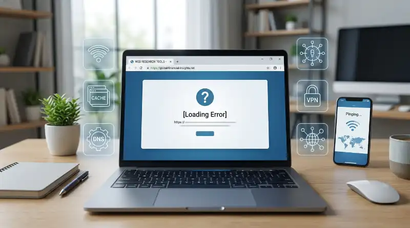 Laptop showing website troubleshooting for PlusStories.com not loading