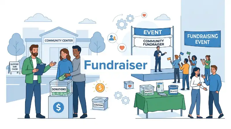 Fundraiser meaning showing a person raising money and a fundraising event